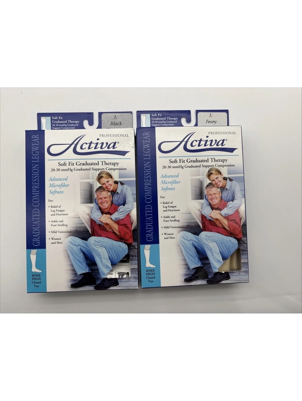 Set 2 (black & Ivory) Activa Soft Fit Knee High Closed Toe 20-30mmHg, Large NEW